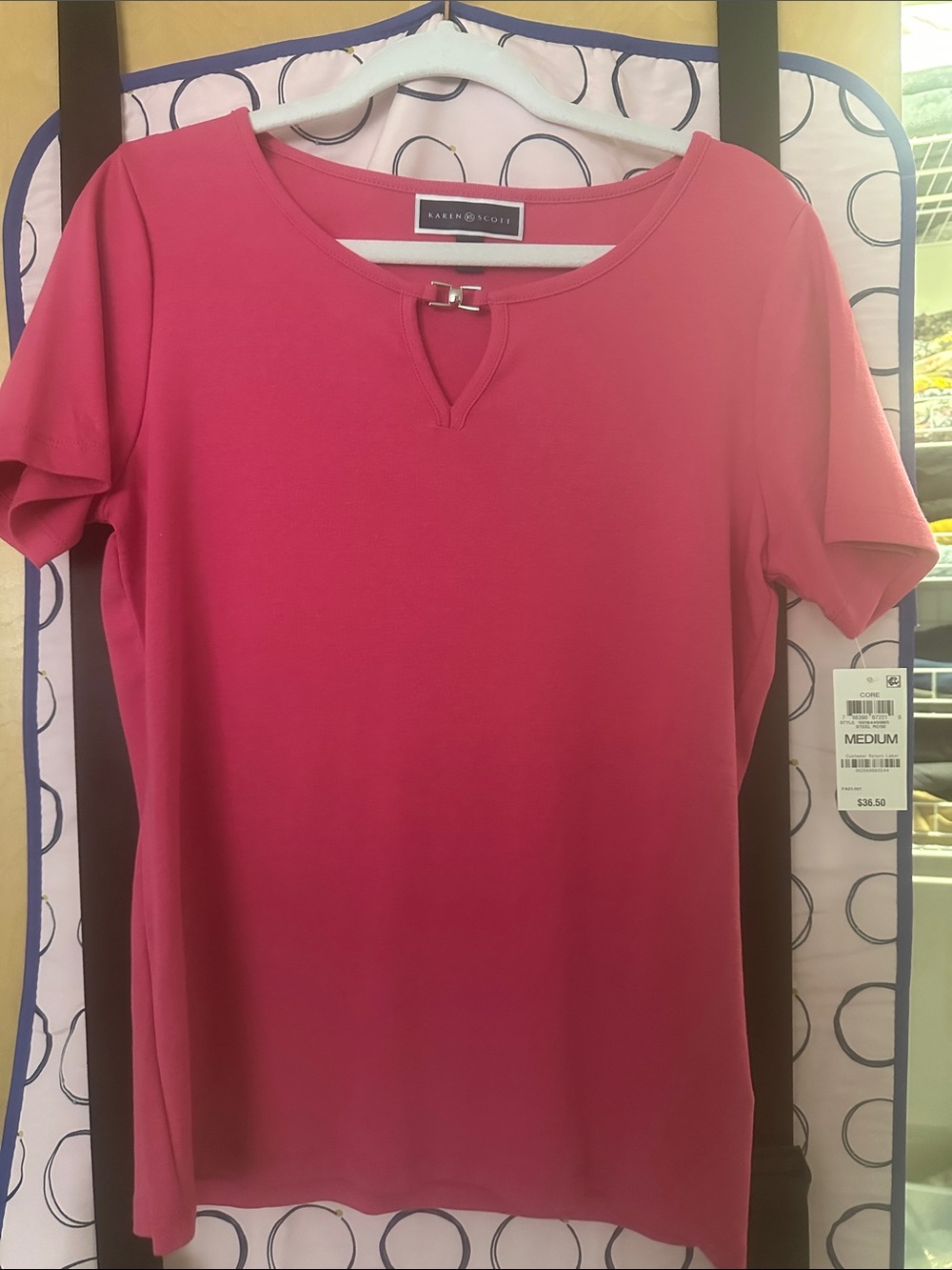 Karen Scott Raspberry Short Sleeve Scoop Neck Top with Notch Detail